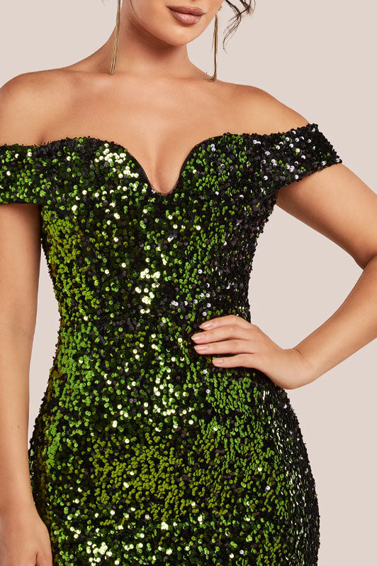 スパンコールプランジネックオフショルダーロングドレスオリーブグリーンSサイズ