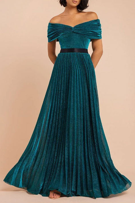 シャイニーオフショルダープリーツロングドレスグリーンMサイズ
