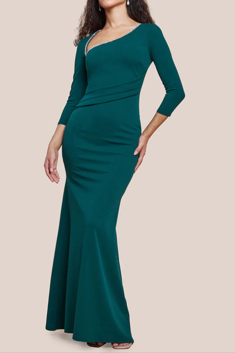 アシンメトリービジューネックロングドレスグリーンLサイズ
