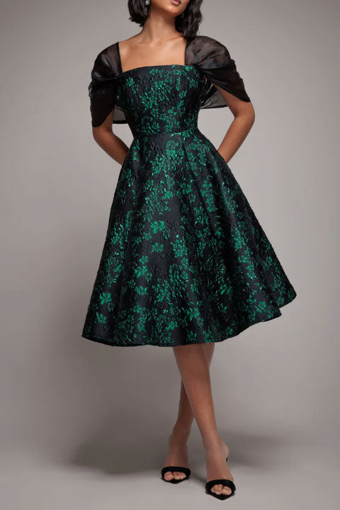 ジャガードフィットアンドフレアドレスグリーンSサイズ