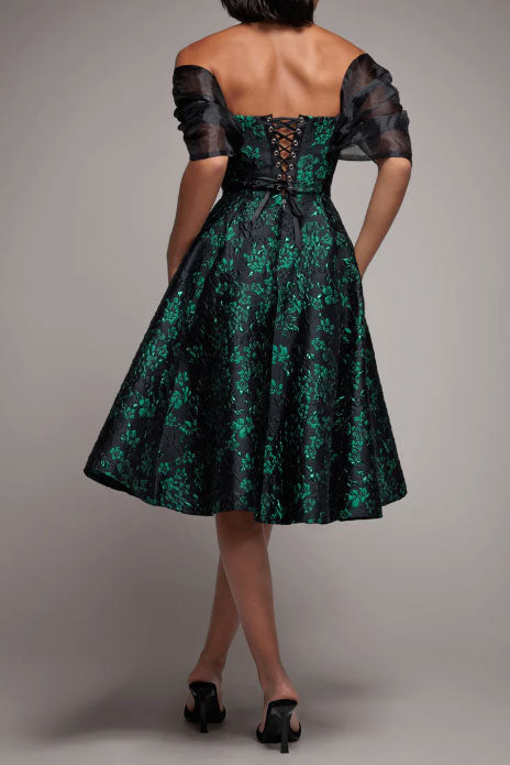 ジャガードフィットアンドフレアドレスグリーンSサイズ