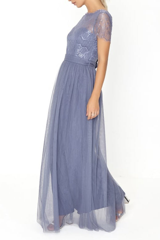 レースオーバーレイロングドレスブルーグレーMサイズ