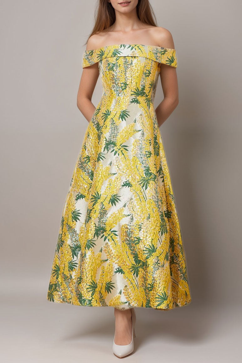 オフショルダージャガードミディドレスイエローSサイズ