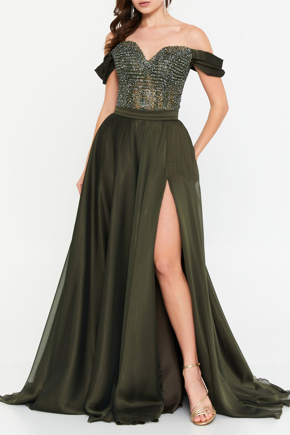 リュクススパンコールコルセットサテンロングドレスカーキSサイズ(38)