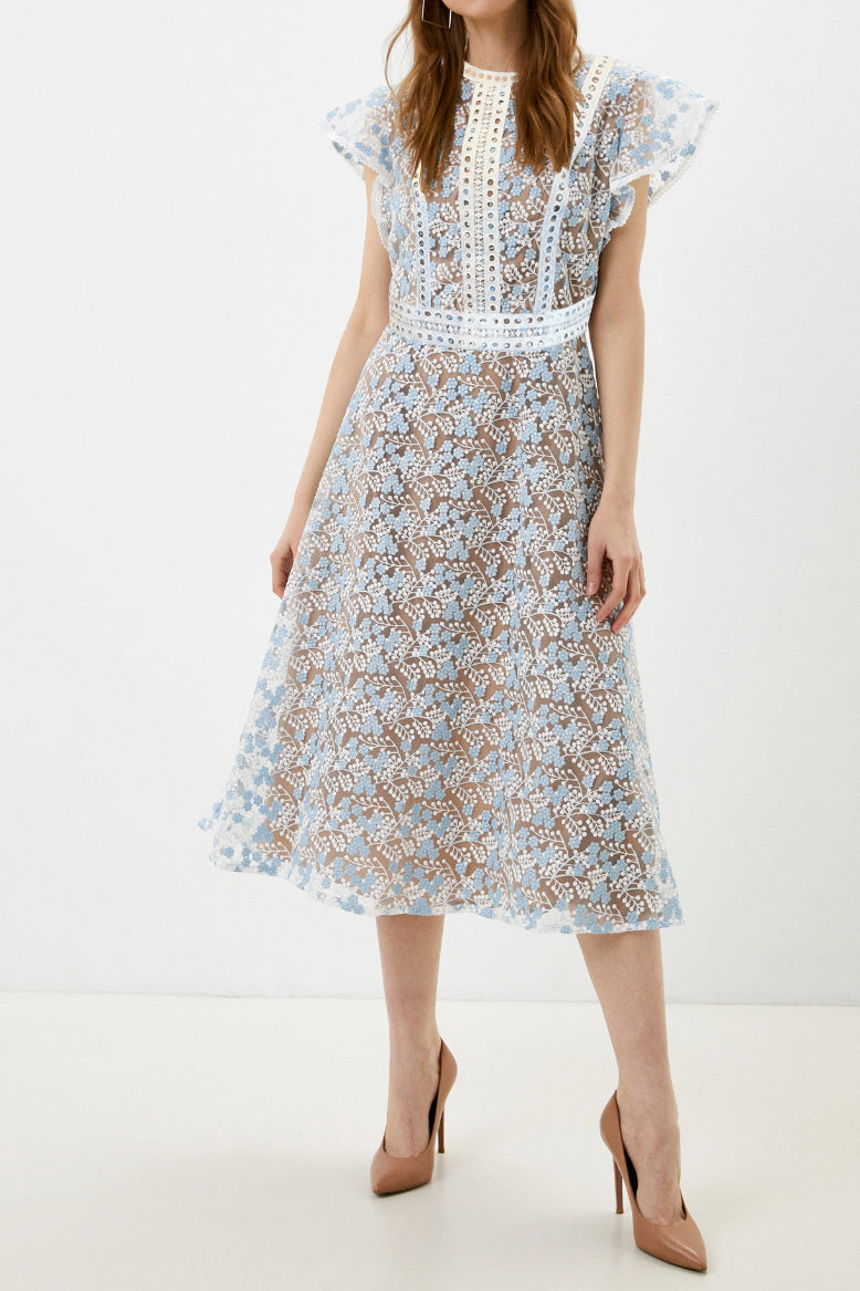 レースフレアスリーブミディドレスライトブルー×ホワイトSサイズ