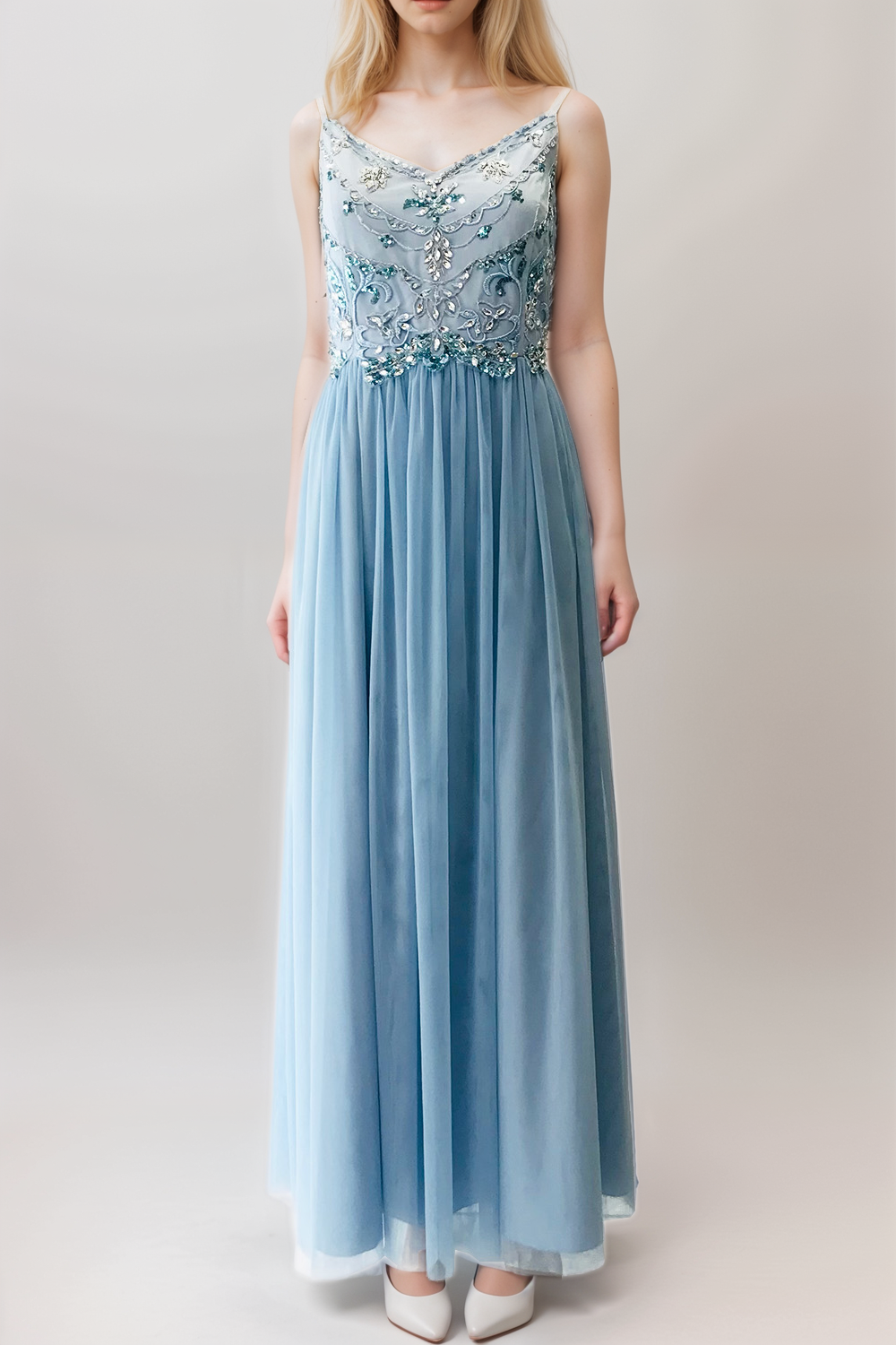 ビジューキャミロングドレスブルーMサイズ