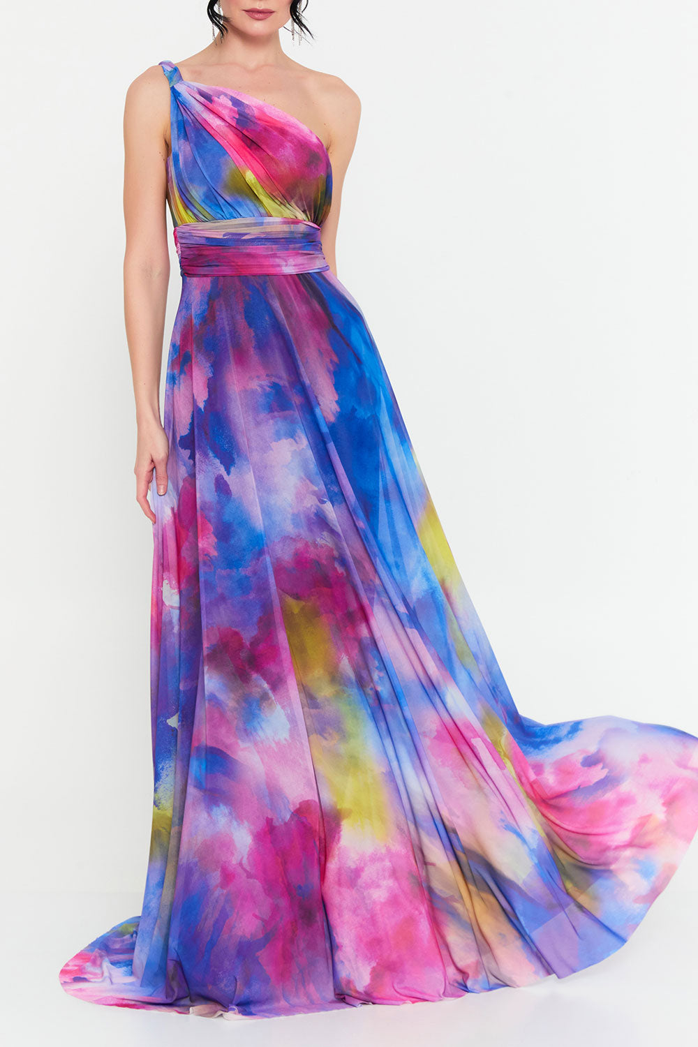 ウォーターカラーワンショルダーロングドレスXSサイズ