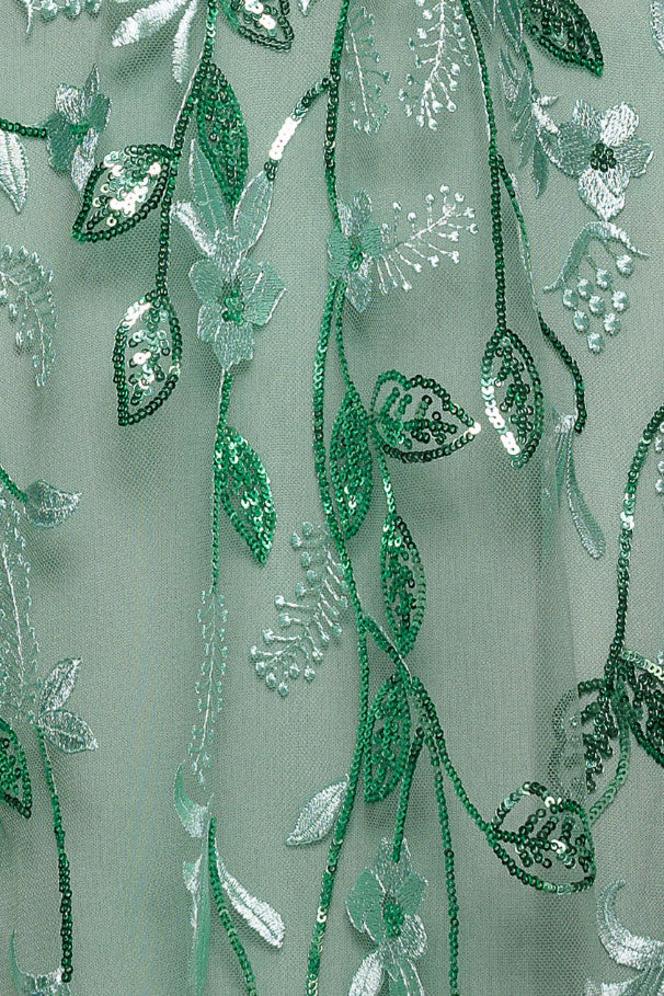 ボタニカルスパンコール刺繍フレアスリーブロングドレスミントグリーンMサイズ
