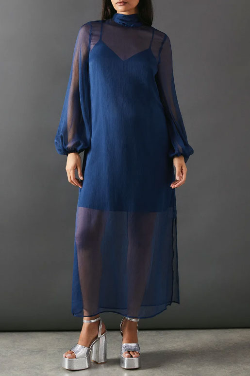 シアーデザインミディドレスネイビーフリーサイズ