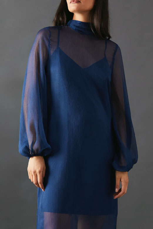 シアーデザインミディドレスネイビーフリーサイズ