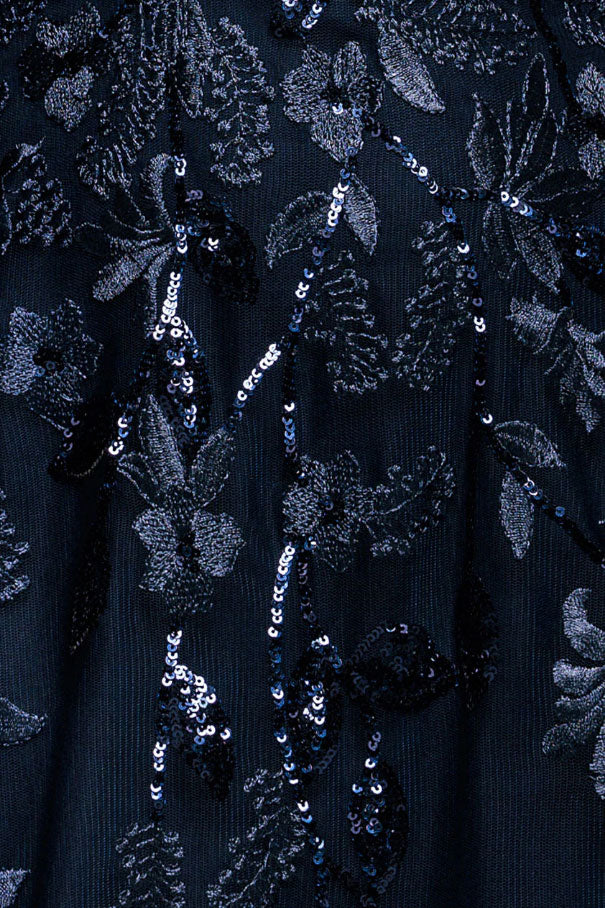 ボタニカルスパンコール刺繍フレアスリーブロングドレスネイビーMサイズ