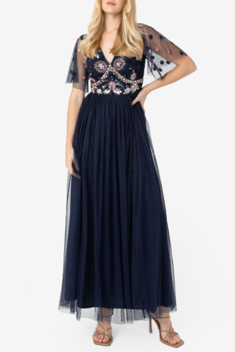 ビジューフラッタースリーブVネックロングドレスネイビーMサイズ