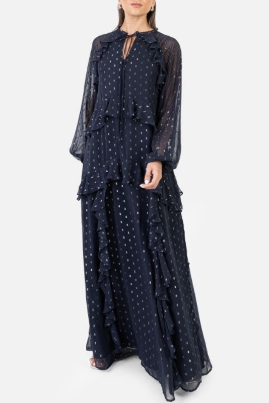 メタリックドットボリュームスリーブシアードレスネイビーフリーサイズ