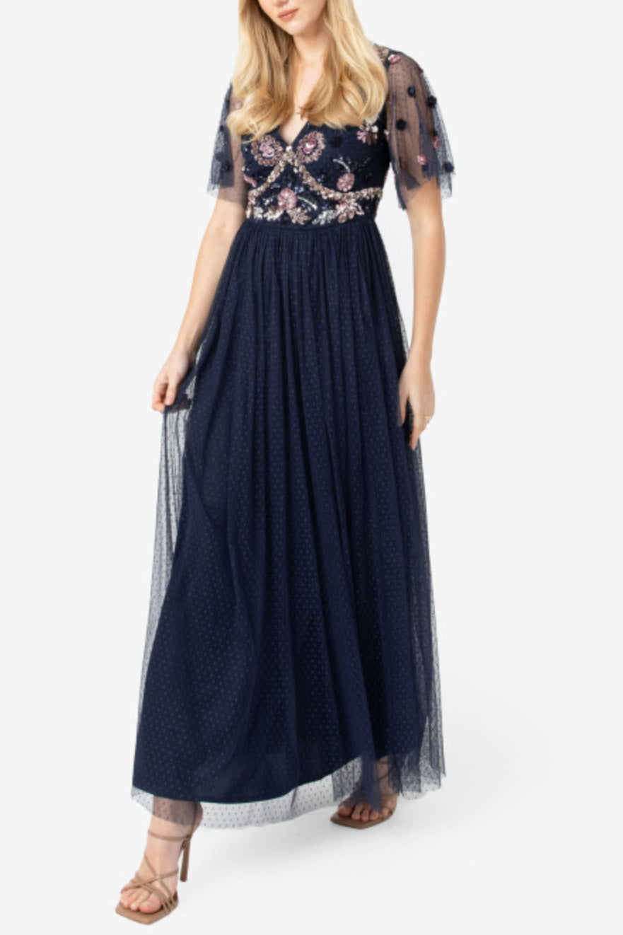 ビジューフラッタースリーブVネックロングドレスネイビーMサイズ