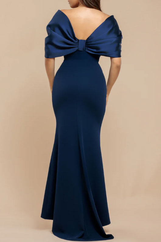 バックサテンボウロングドレスネイビーSサイズ