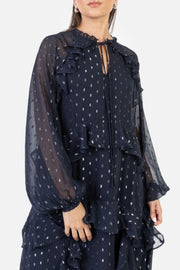 メタリックドットボリュームスリーブシアードレスネイビーフリーサイズ