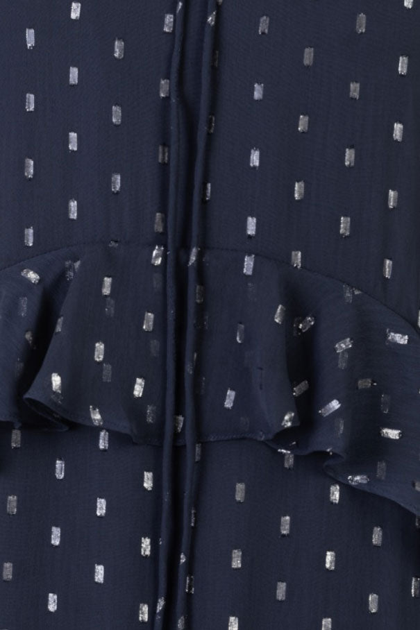 メタリックドットボリュームスリーブシアードレスネイビーフリーサイズ