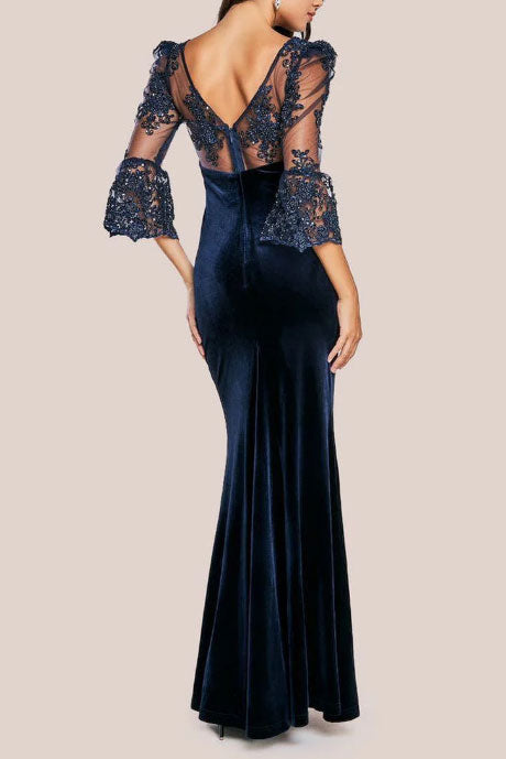 スカラップレースベルベットロングドレスネイビーM