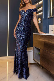 スパンコールプランジネックオフショルダーロングドレスネイビーSサイズ