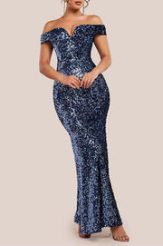 スパンコールプランジネックオフショルダーロングドレスネイビーSサイズ