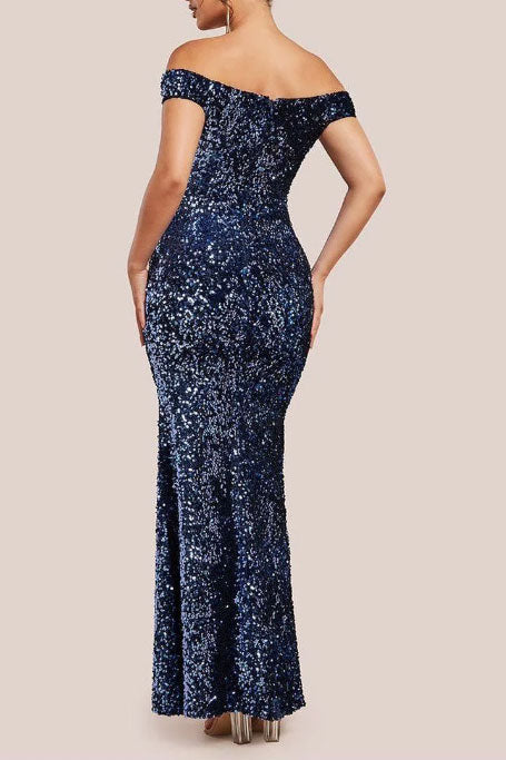 スパンコールプランジネックオフショルダーロングドレスネイビーSサイズ