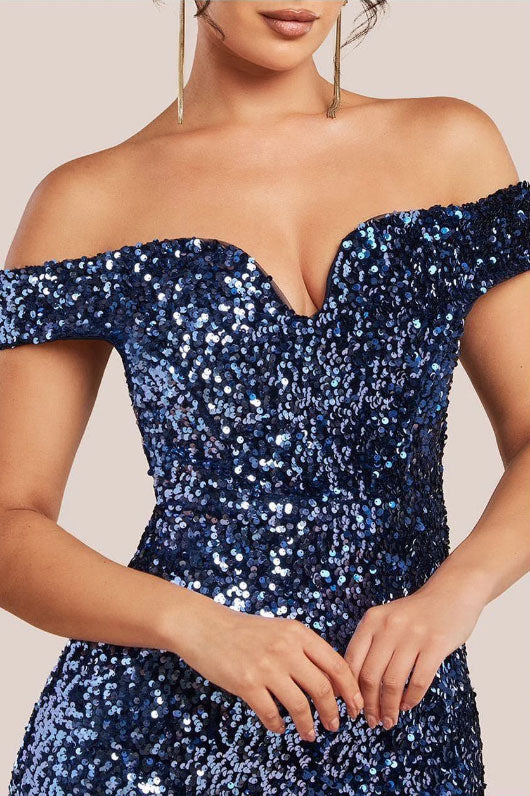 スパンコールプランジネックオフショルダーロングドレスネイビーSサイズ