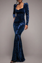 クラッシュベロアスクエアネックマーメイドドレスネイビーSサイズ