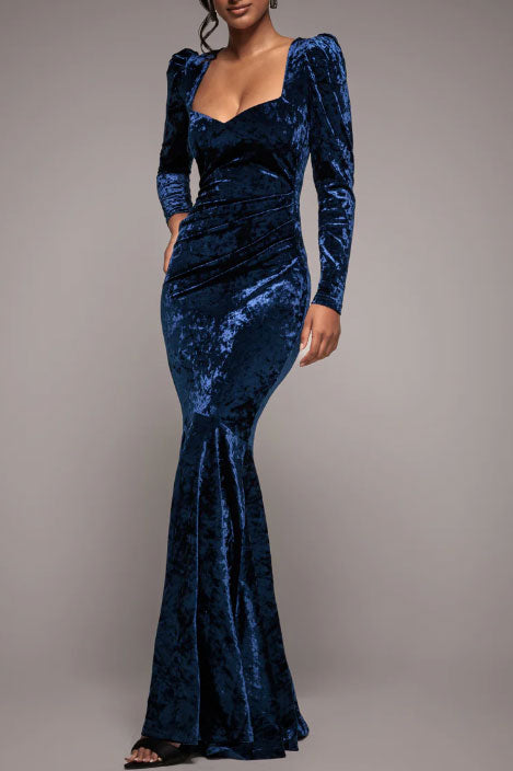 クラッシュベロアスクエアネックマーメイドドレスネイビーSサイズ