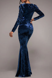 クラッシュベロアスクエアネックマーメイドドレスネイビーSサイズ