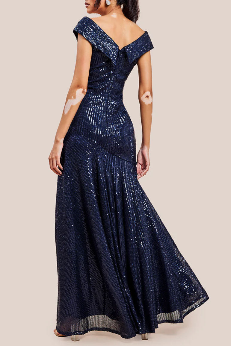 スパンコールオフショルダーギャザーフレアロングドレスネイビーMサイズ
