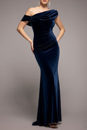 カウルワンショルダーベロアロングドレスネイビーSサイズ