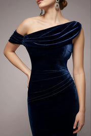 カウルワンショルダーベロアロングドレスネイビーSサイズ