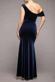 カウルワンショルダーベロアロングドレスネイビーSサイズ