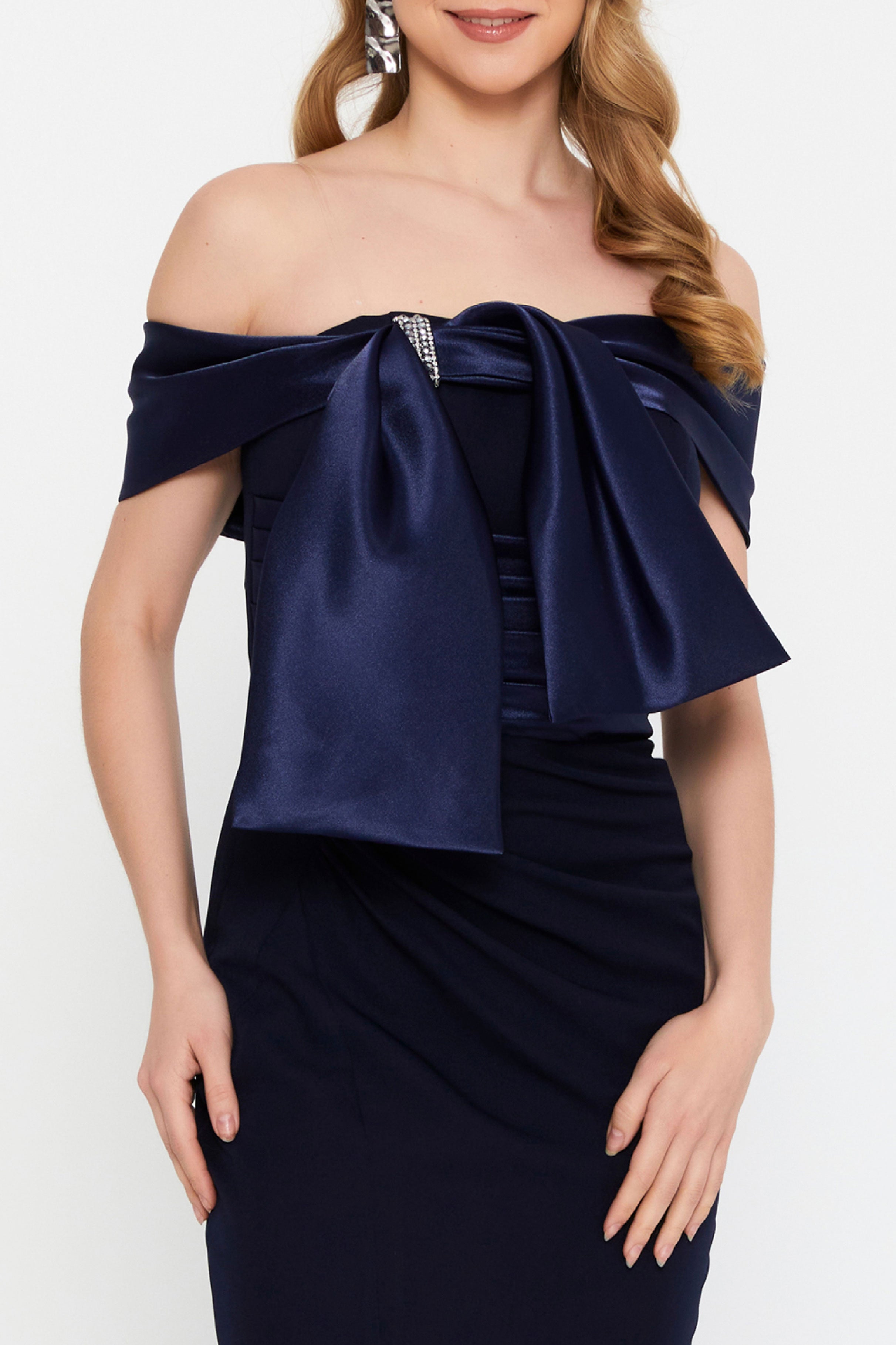 リボンモチーフロングドレスネイビー(42)サイズ