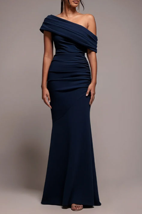 ワンショルダーギャザーフレアロングドレスネイビーSサイズ
