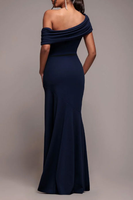 ワンショルダーギャザーフレアロングドレスネイビーSサイズ