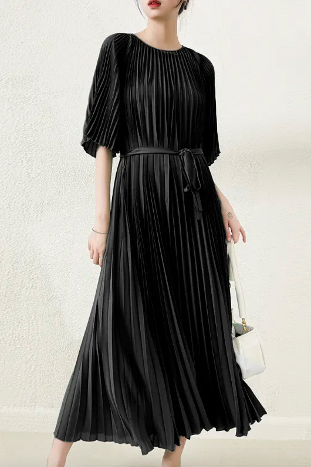 プリーツフラッタースリーブロングドレスブラックフリーサイズ