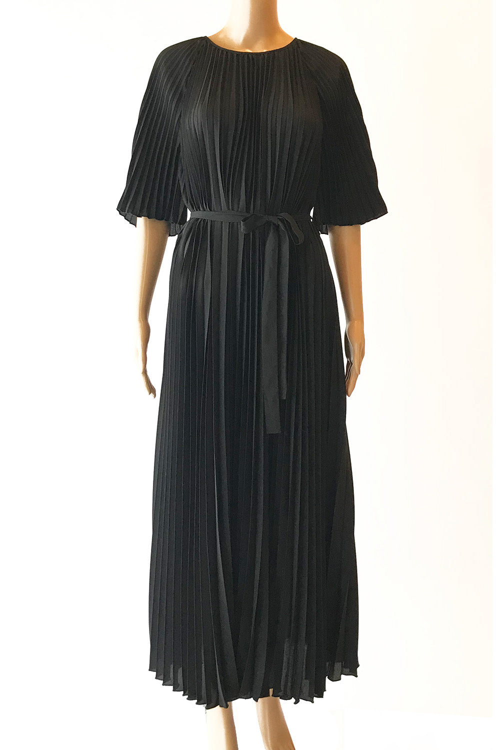 プリーツフラッタースリーブロングドレスブラックフリーサイズ