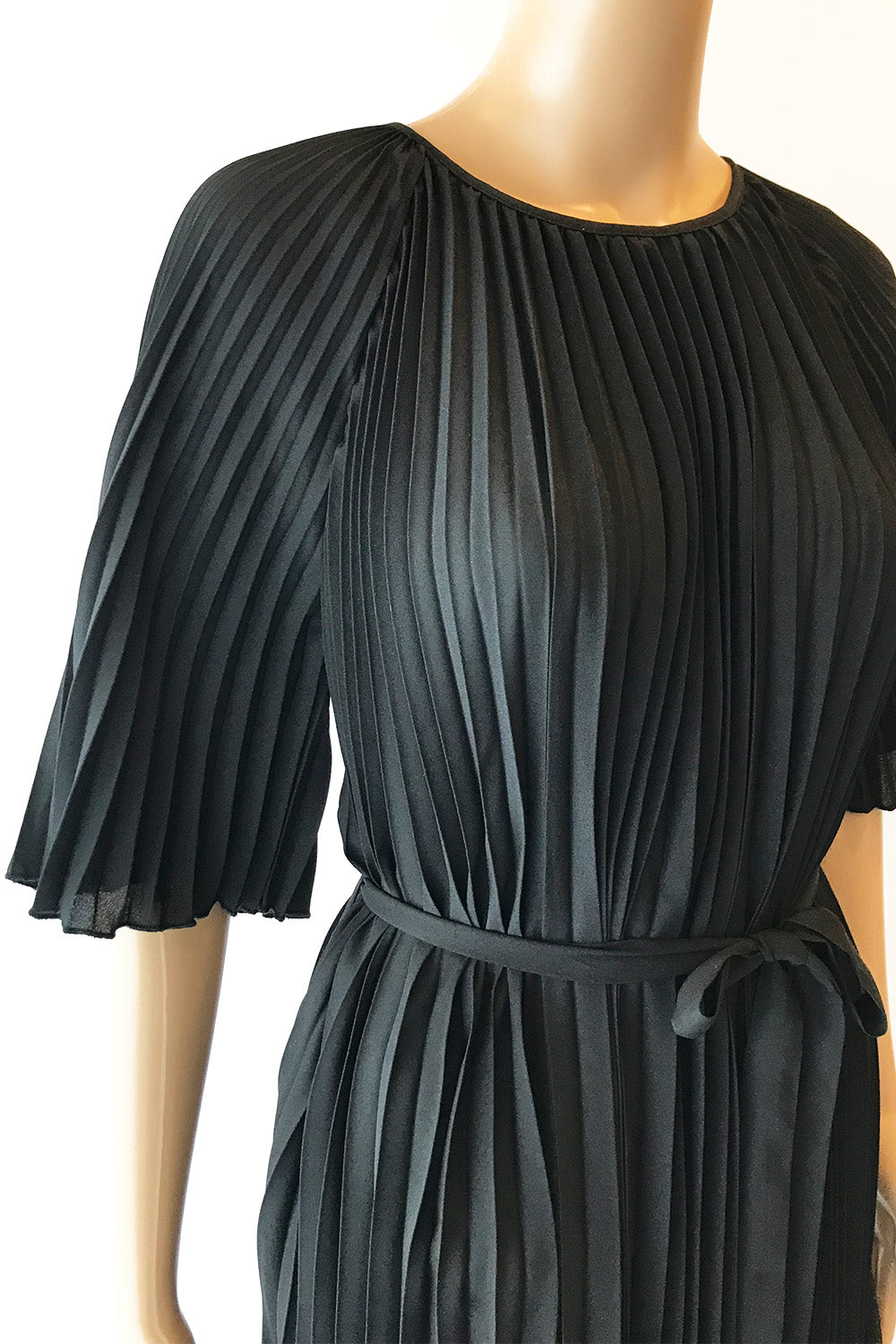 プリーツフラッタースリーブロングドレスブラックフリーサイズ