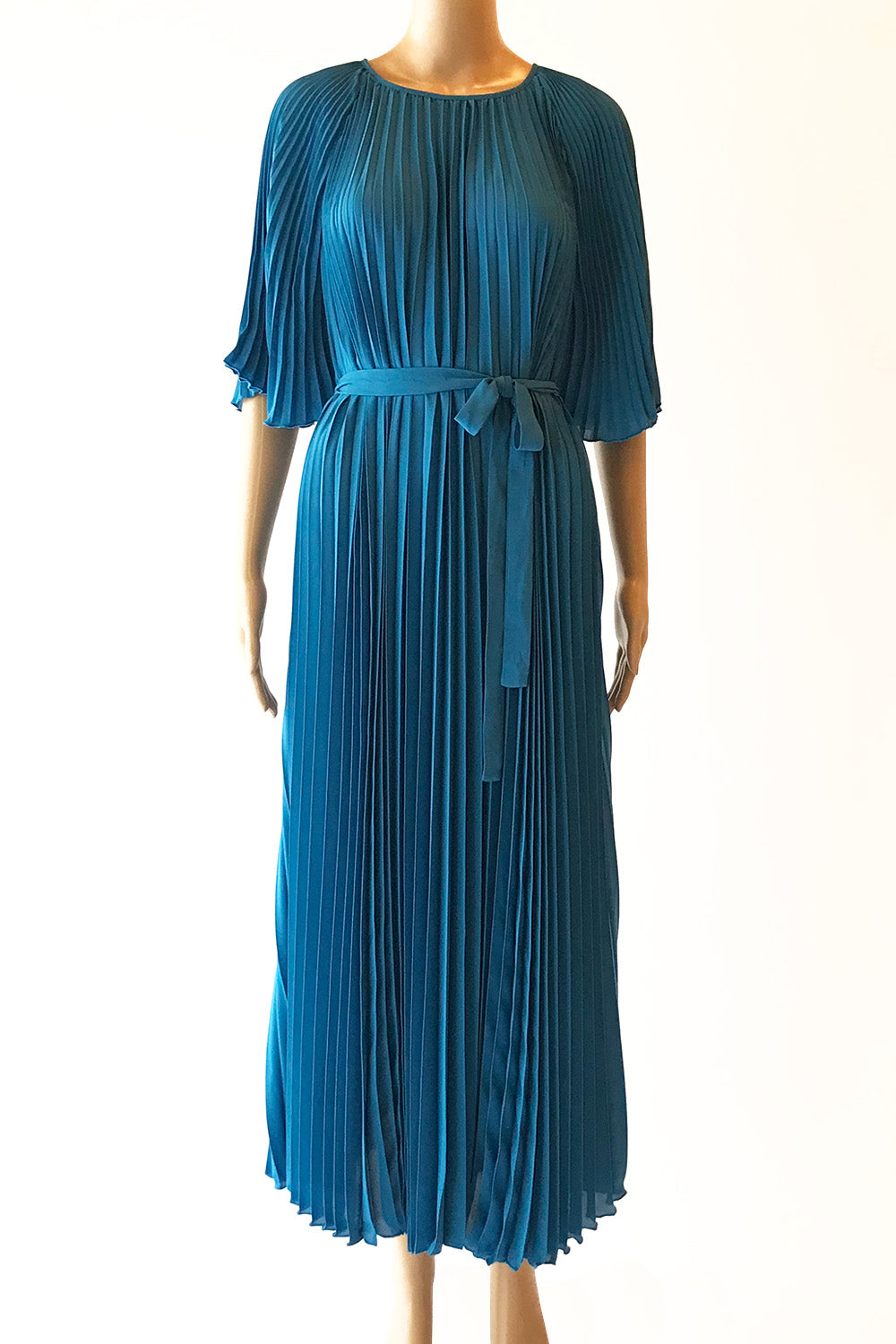 プリーツフラッタースリーブロングドレスブルーフリーサイズ