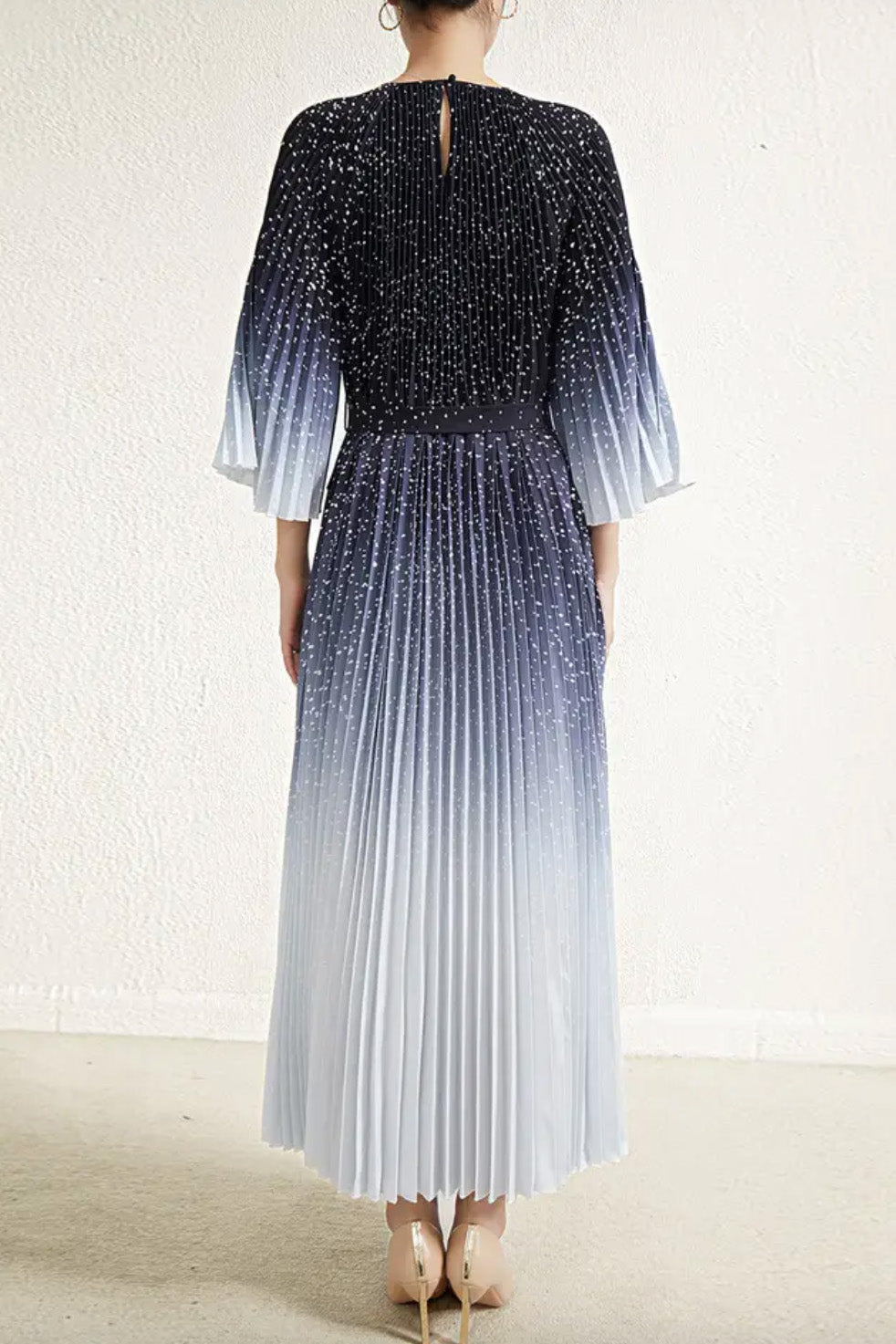 プリーツフラッタースリーブロングドレスグラデーションフリーサイズ