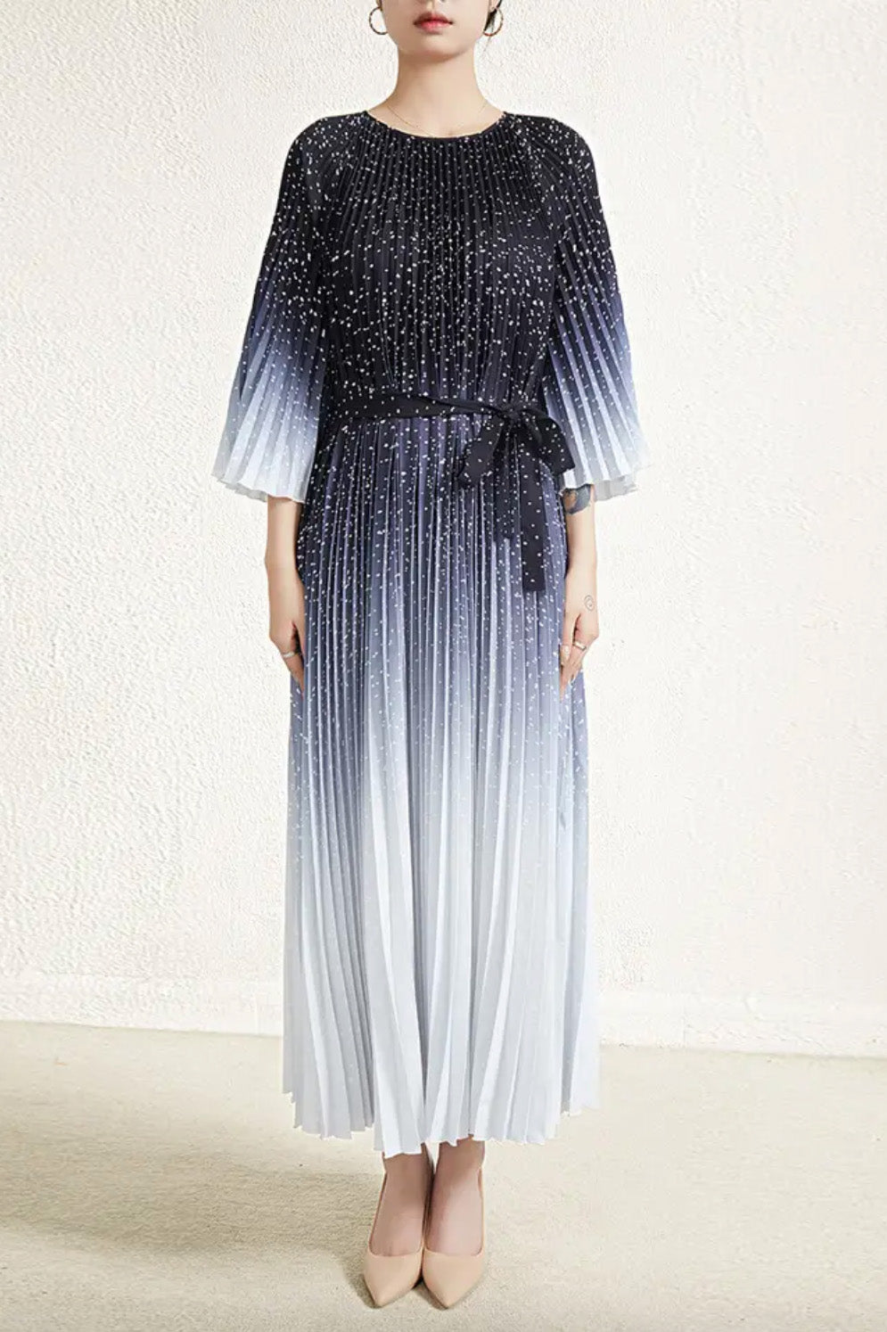 プリーツフラッタースリーブロングドレスグラデーションフリーサイズ