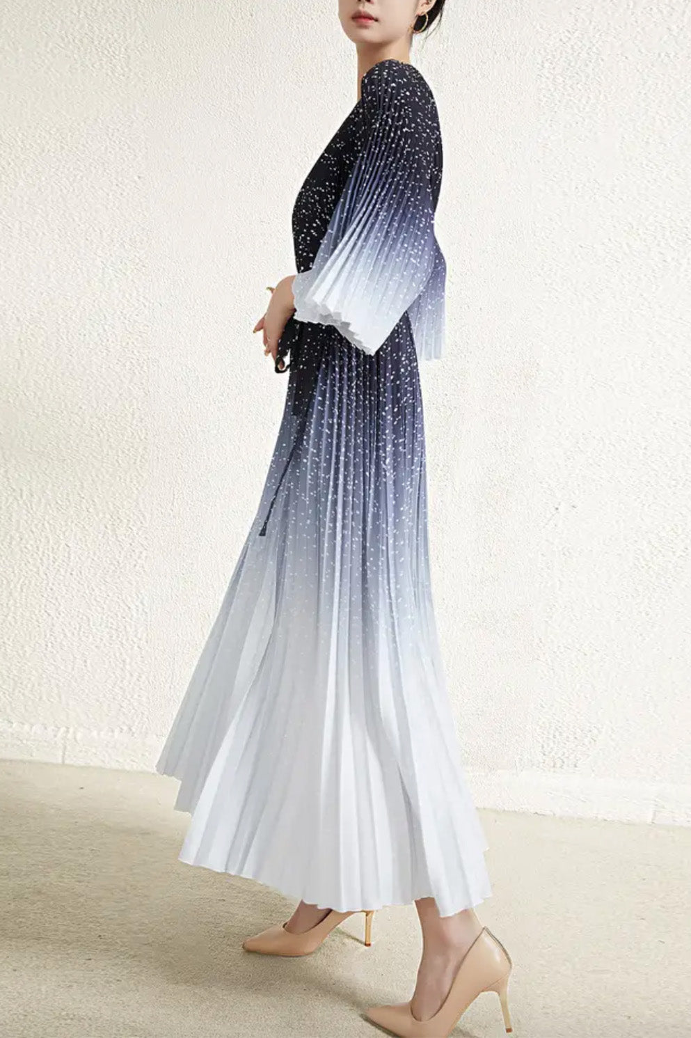 プリーツフラッタースリーブロングドレスグラデーションフリーサイズ