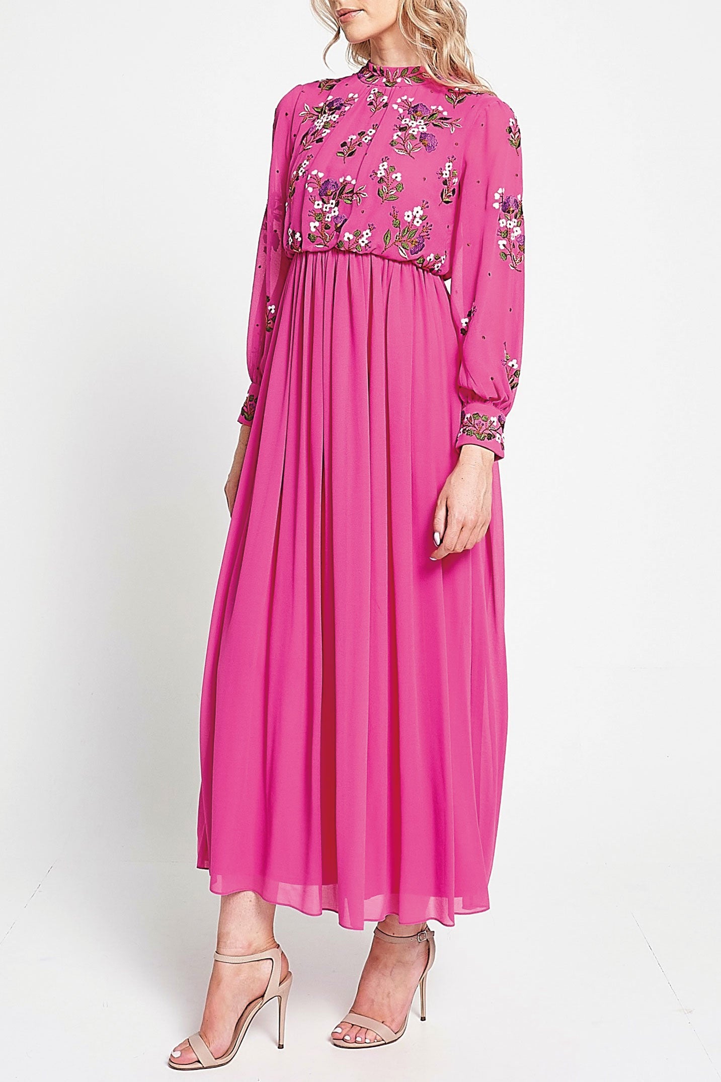 エンブロイダリーブルゾンスリーブミディドレスピンクSサイズ