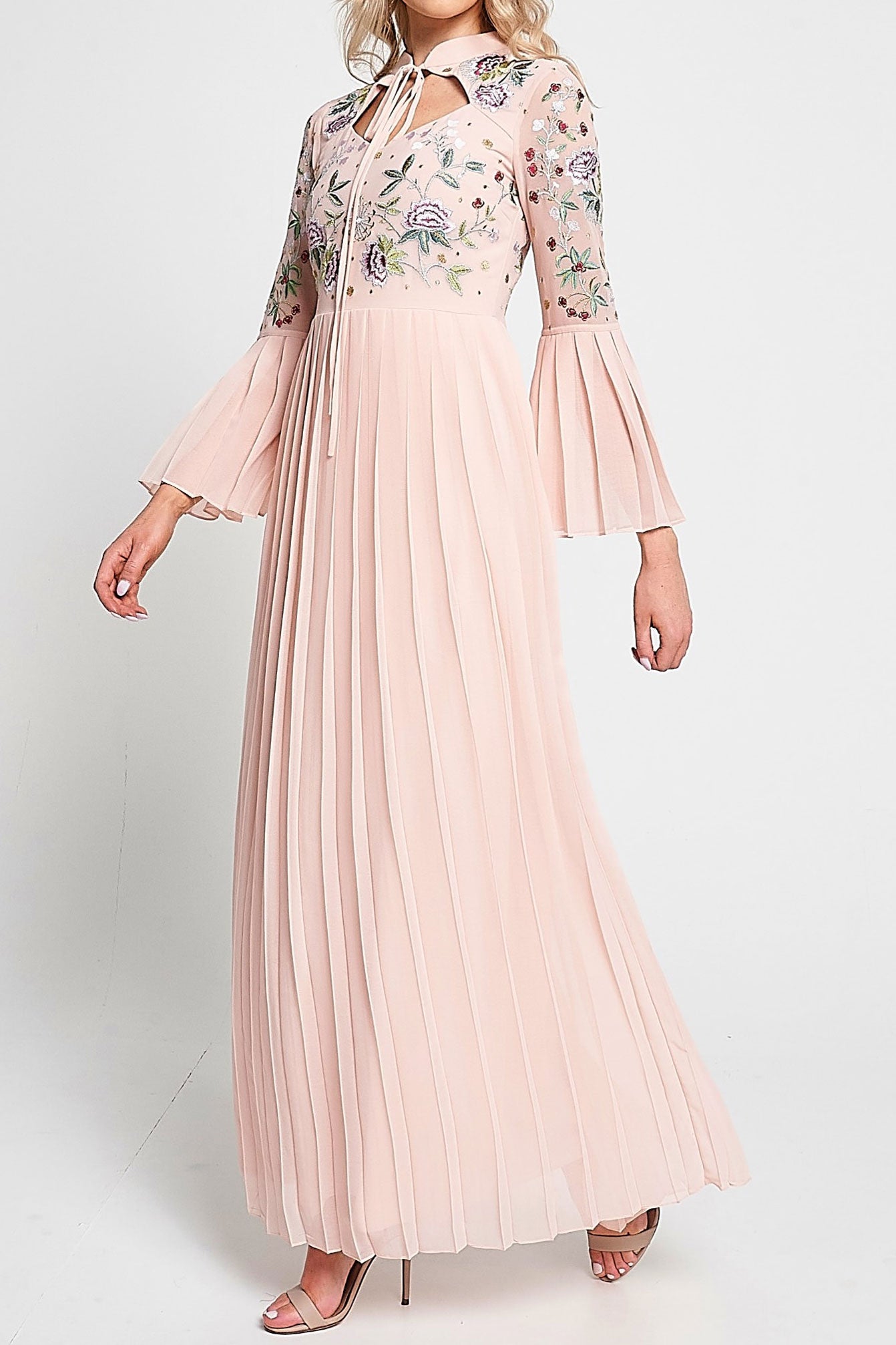 エンブロイダリーリボンネックロングドレスピンクSサイズ