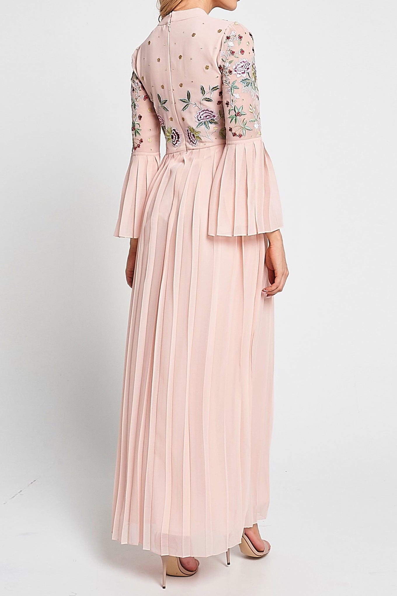 エンブロイダリーリボンネックロングドレスピンクSサイズ