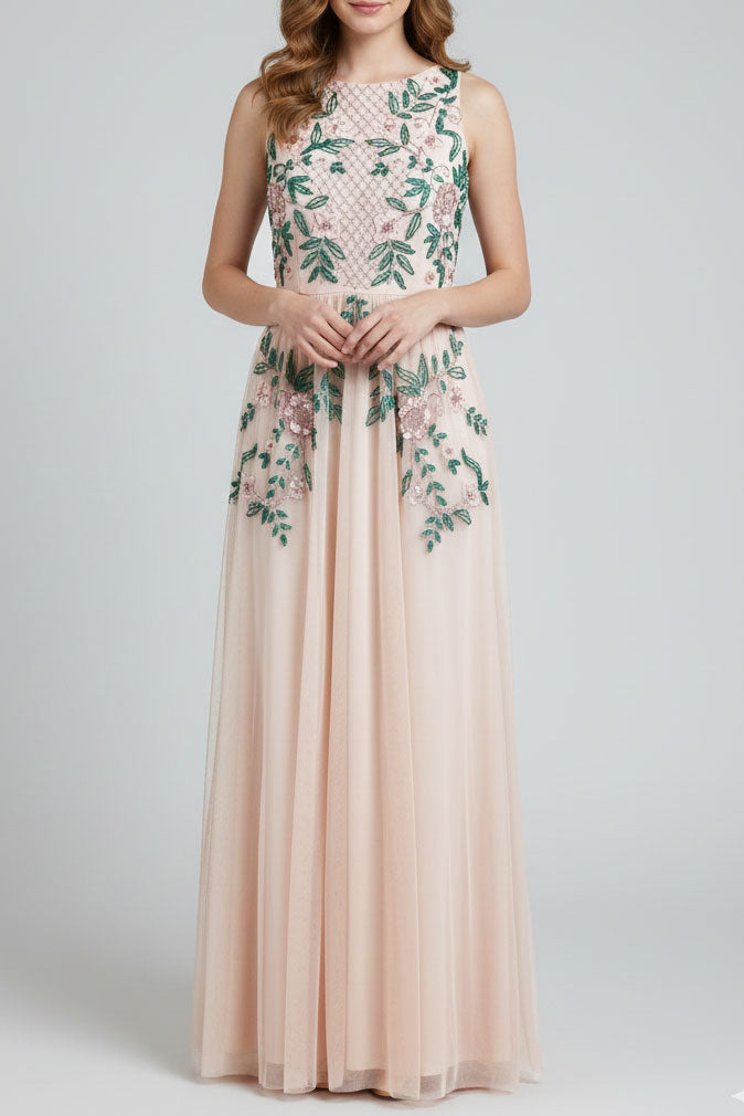 ビジューエンブロイダリーノースリーブロングドレスライトピンクSサイズ