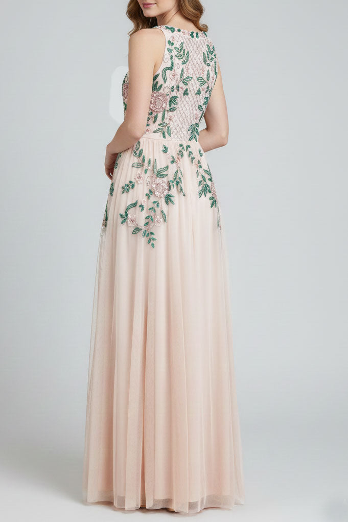 ビジューエンブロイダリーノースリーブロングドレスライトピンクSサイズ