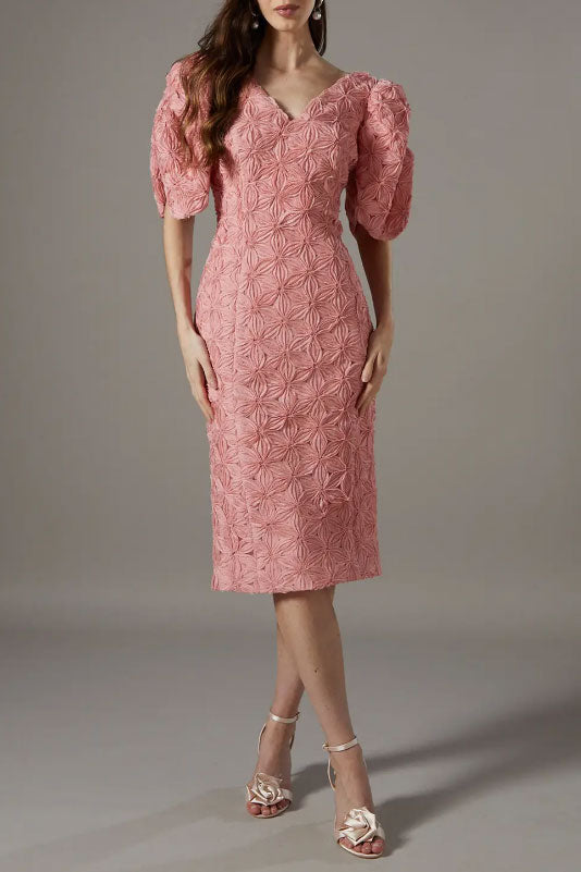 3DフローラルパフスリーブミディドレスピンクMサイズ