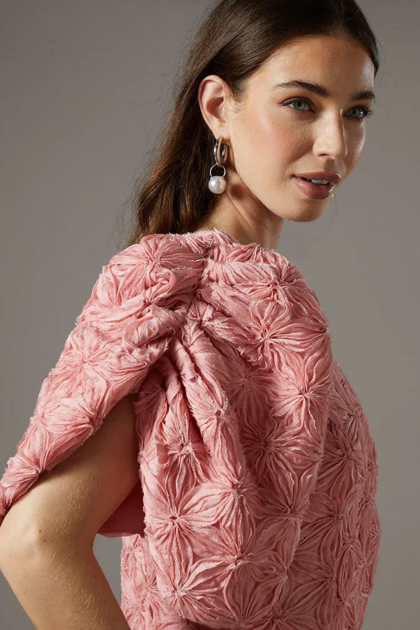 3DフローラルパフスリーブミディドレスピンクMサイズ